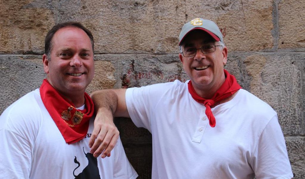 George and David at the Running of the Bulls in Pamplona, Spain